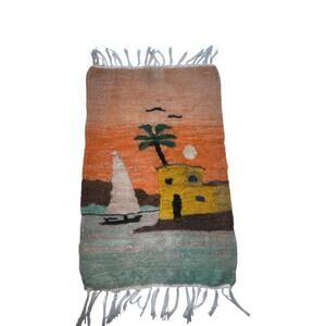 Vintage Egyptian Wool Tapestry Rug Sunset Sailboat Scene 21x11 Handmade Reversbl